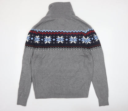 St John's Bay Men's Grey Fair Isle Roll Neck Cotton Pullover Jumper L