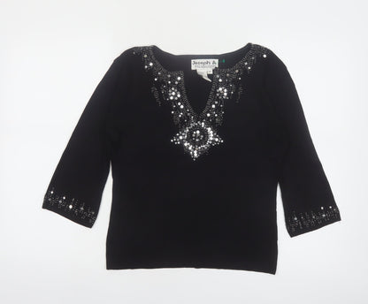 Joseph A Women's Black Beaded Sequin V-Neck 3/4 Sleeve Pullover Jumper M