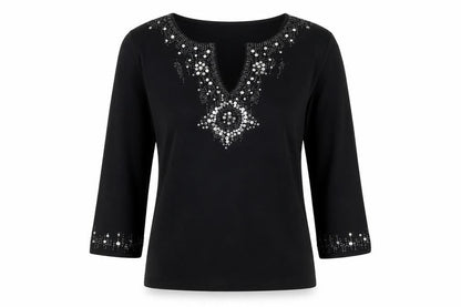 Joseph A Women's Black Beaded Sequin V-Neck 3/4 Sleeve Pullover Jumper M
