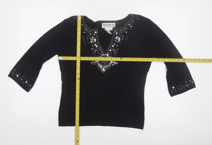 Joseph A Women's Black Beaded Sequin V-Neck 3/4 Sleeve Pullover Jumper M