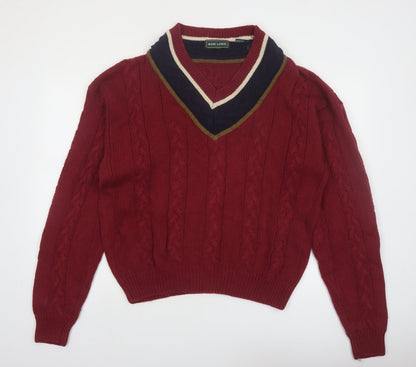 Marc Lewis Men's Red Cotton Cable-Knit V-Neck Jumper Size L