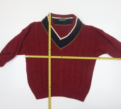 Marc Lewis Men's Red Cotton Cable-Knit V-Neck Jumper Size L