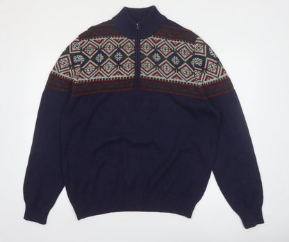 IZOD Men's Blue Fair Isle Half Zip Cotton Jumper Size L