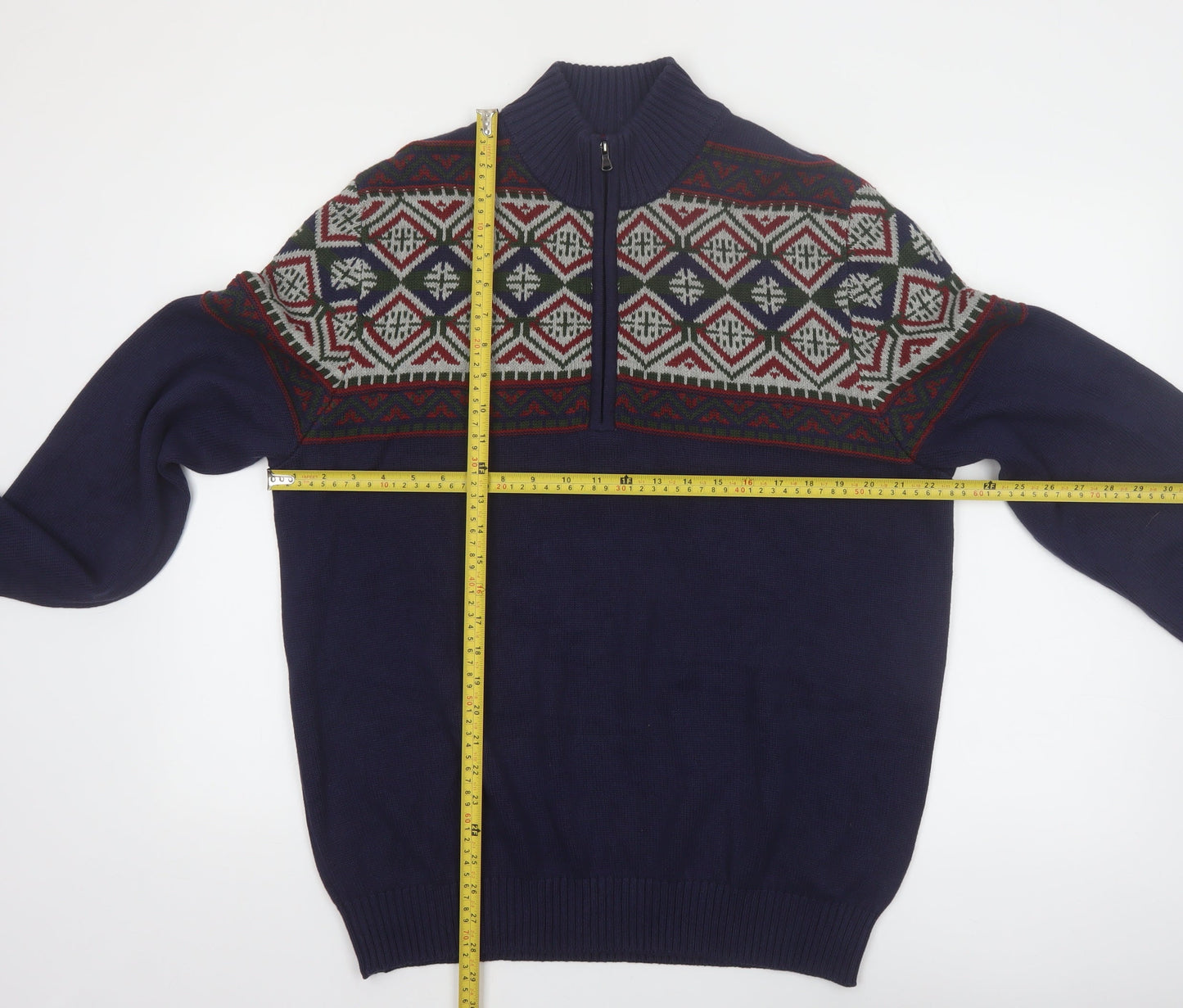 IZOD Men's Blue Fair Isle Half Zip Cotton Jumper Size L