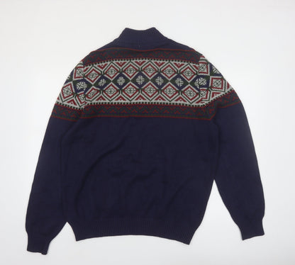 IZOD Men's Blue Fair Isle Half Zip Cotton Jumper Size L