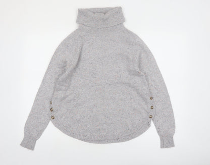 White Stuff Women Grey Roll Neck Button Jumper Size 8 Wool Blend