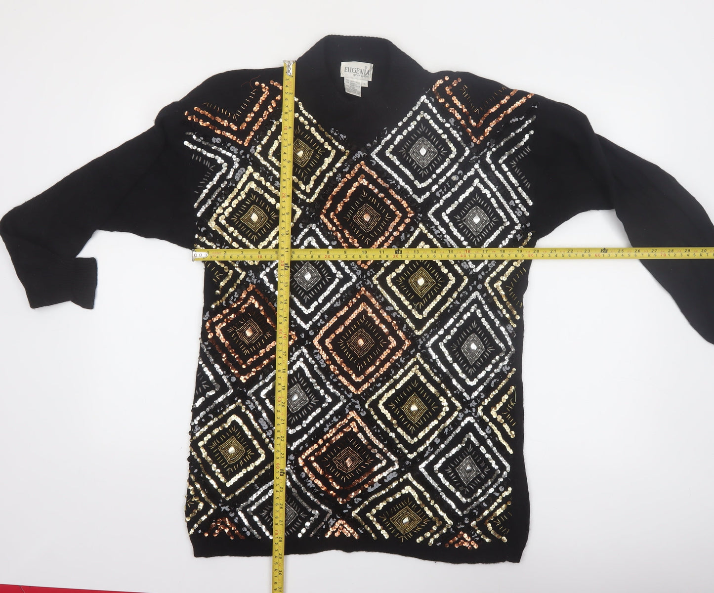 Eugenia by Angenie Womens Black Sequin Wool Blend 80s Jumper M