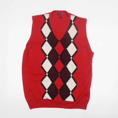 J. Lindeberg Mens Red Argyle Merino Wool V-Neck Golf Vest XL