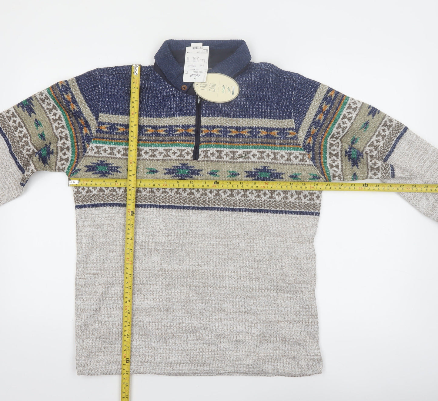 Crocodile Men’s Grey Fair Isle Wool Blend 1/4 Zip Pullover Jumper M