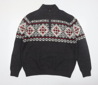 IZOD Men’s Grey Fair Isle 1/2 Zip Cotton Jumper XL Winter Knit