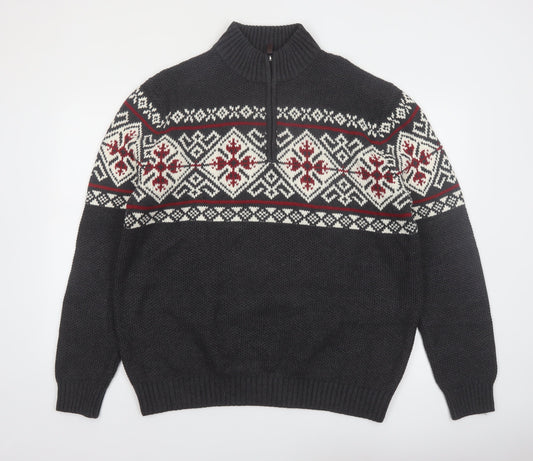 IZOD Men’s Grey Fair Isle 1/2 Zip Cotton Jumper XL Winter Knit