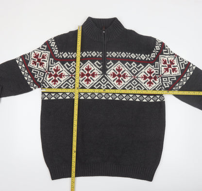 IZOD Men’s Grey Fair Isle 1/2 Zip Cotton Jumper XL Winter Knit