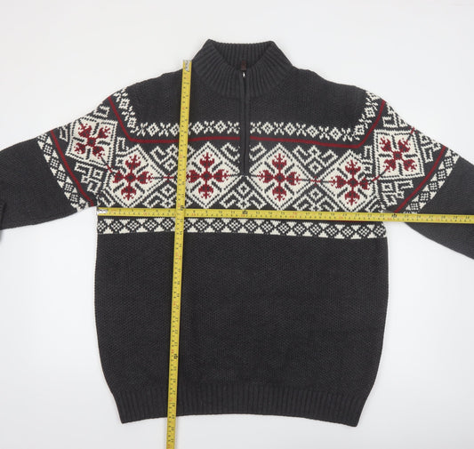IZOD Men’s Grey Fair Isle 1/2 Zip Cotton Jumper XL Winter Knit