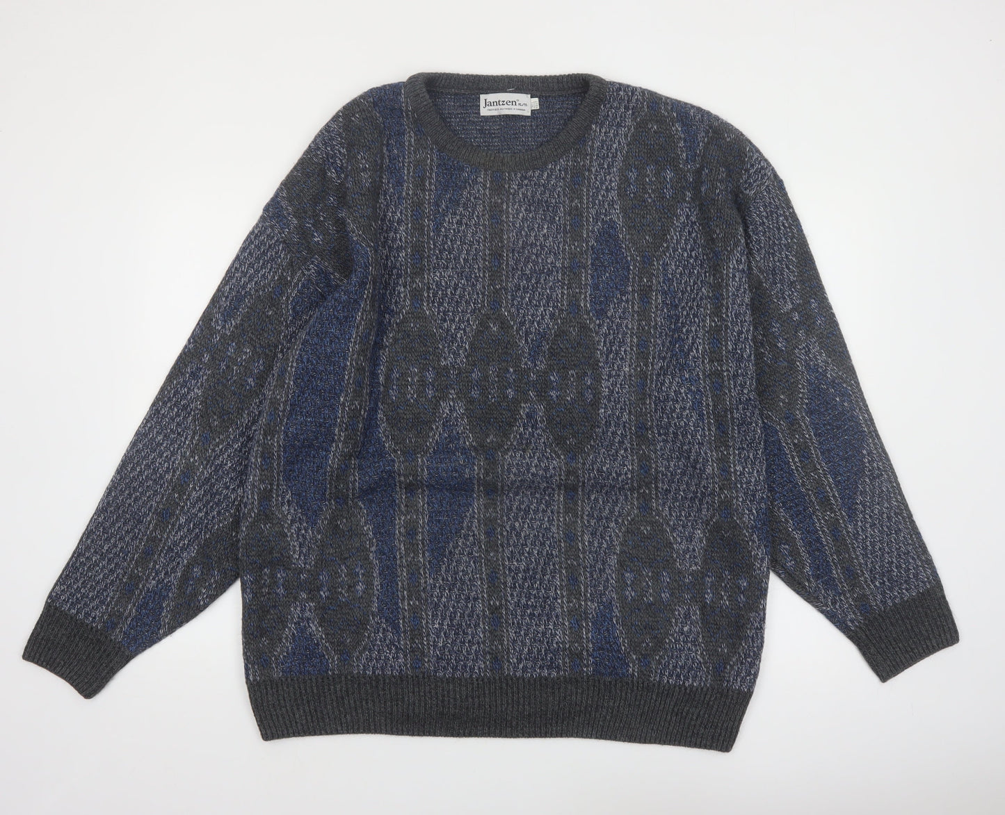 Jantzen Mens Blue Geometric Knit Pullover Jumper XL Tall Wool Blend