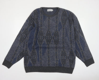 Jantzen Mens Blue Geometric Knit Pullover Jumper XL Tall Wool Blend