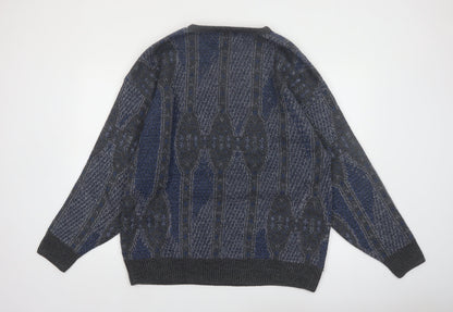 Jantzen Mens Blue Geometric Knit Pullover Jumper XL Tall Wool Blend