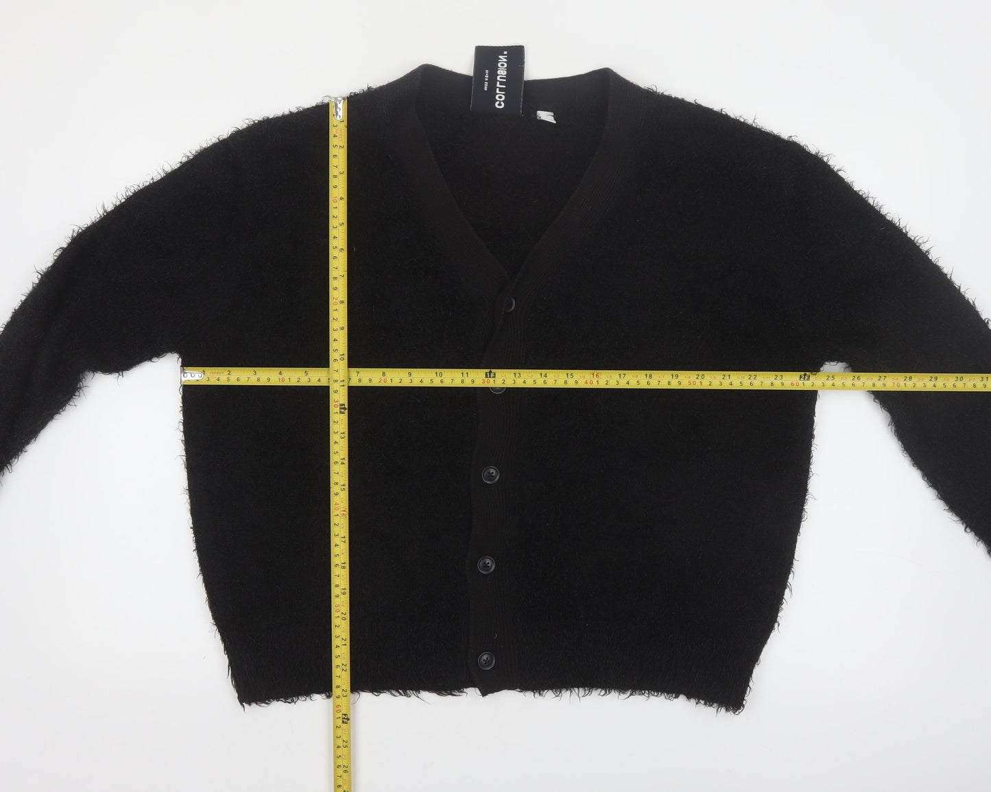 Collusion Women Black L Fuzzy V-Neck Button Cardigan Jumper