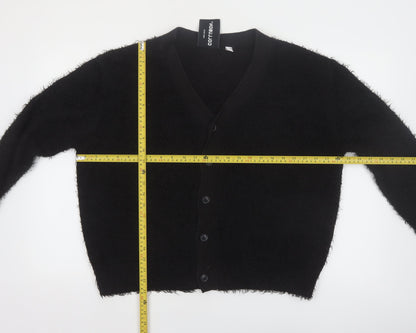 Collusion Women Black L Fuzzy V-Neck Button Cardigan Jumper