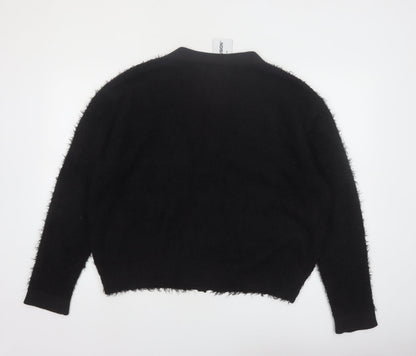 Collusion Women Black L Fuzzy V-Neck Button Cardigan Jumper