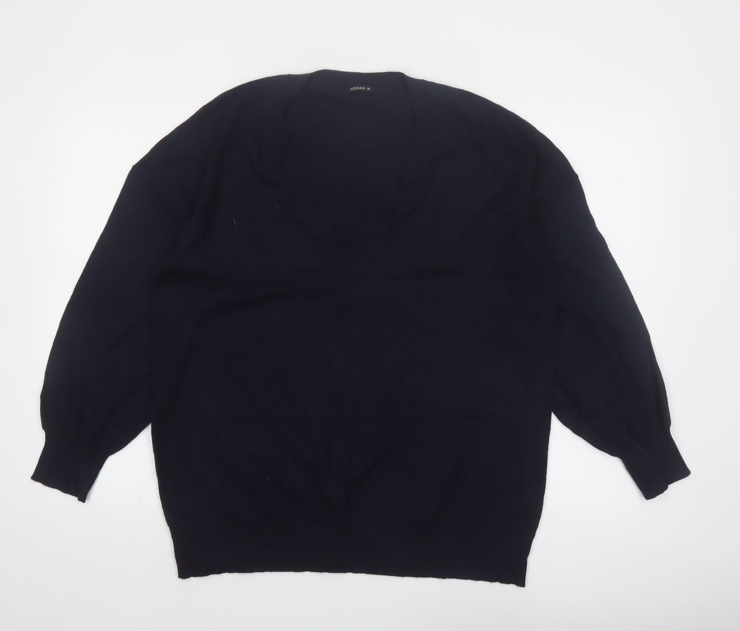 Roman Women Black V-Neck Long Sleeve Pullover Jumper Size 18