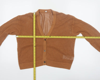 Uniqlo Women Brown Cotton V-Neck Open-Knit Cardigan M