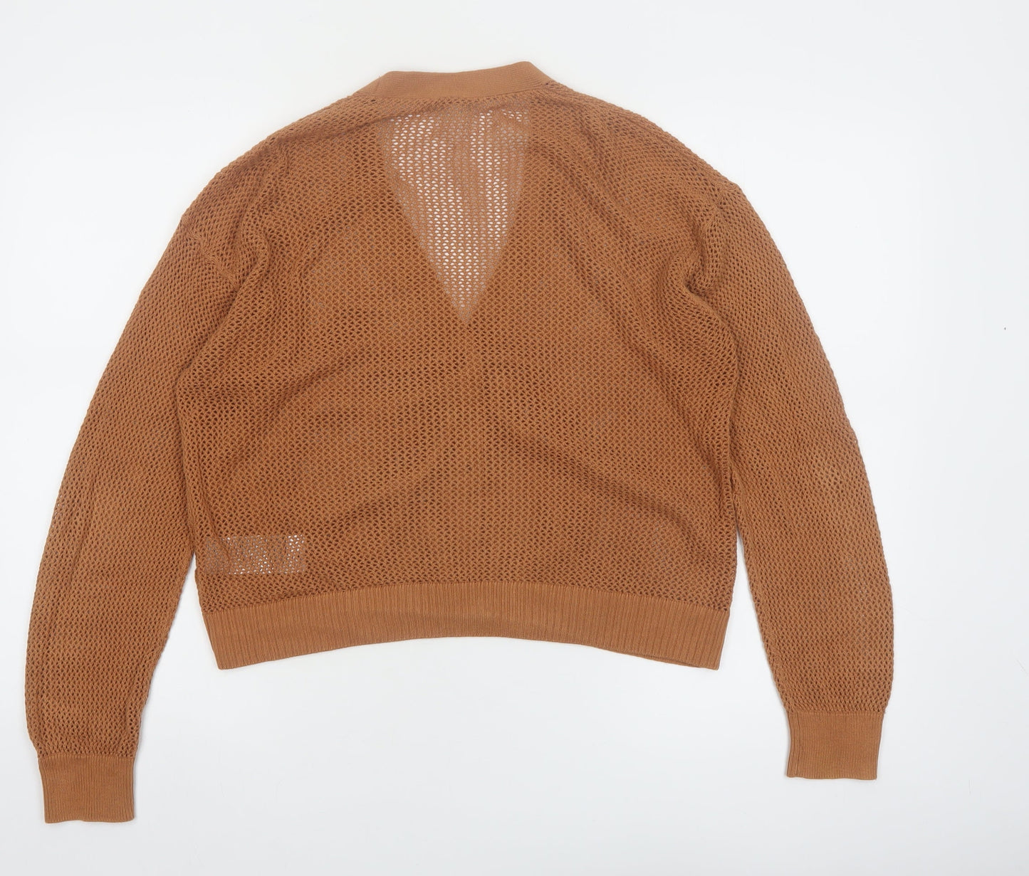 Uniqlo Women Brown Cotton V-Neck Open-Knit Cardigan M