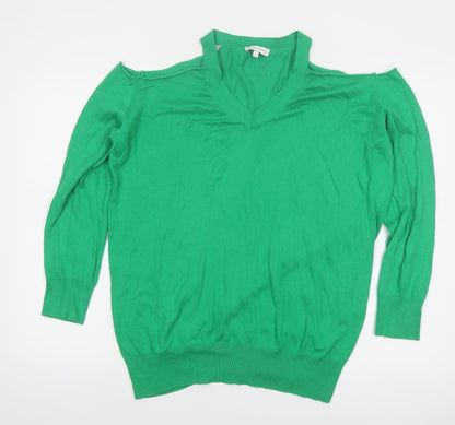 Warehouse Women’s Green V-Neck Cold Shoulder Jumper Size 14