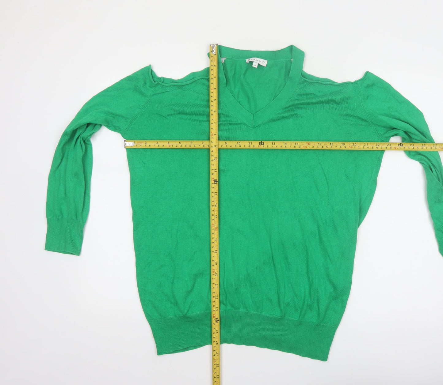Warehouse Women’s Green V-Neck Cold Shoulder Jumper Size 14