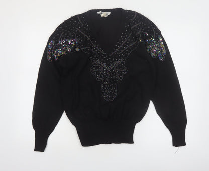 JG Petite Collection Black Sequin Butterfly V-Neck 80s Women's M Jumper