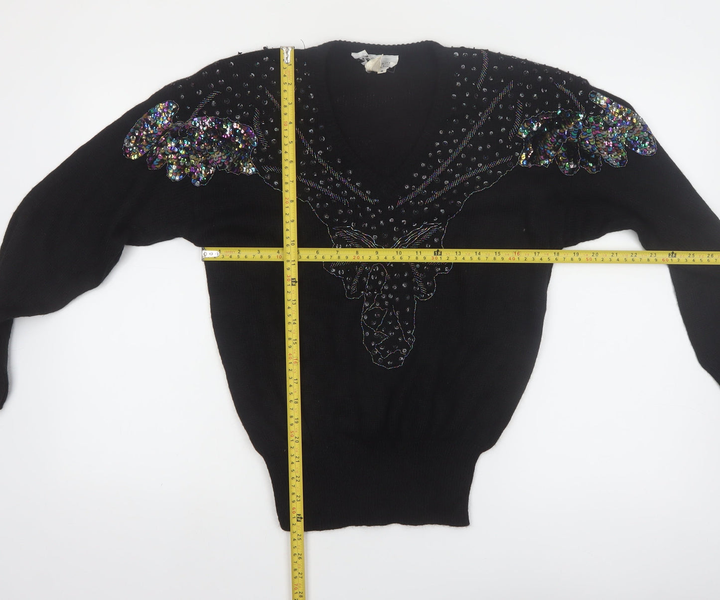 JG Petite Collection Black Sequin Butterfly V-Neck 80s Women's M Jumper