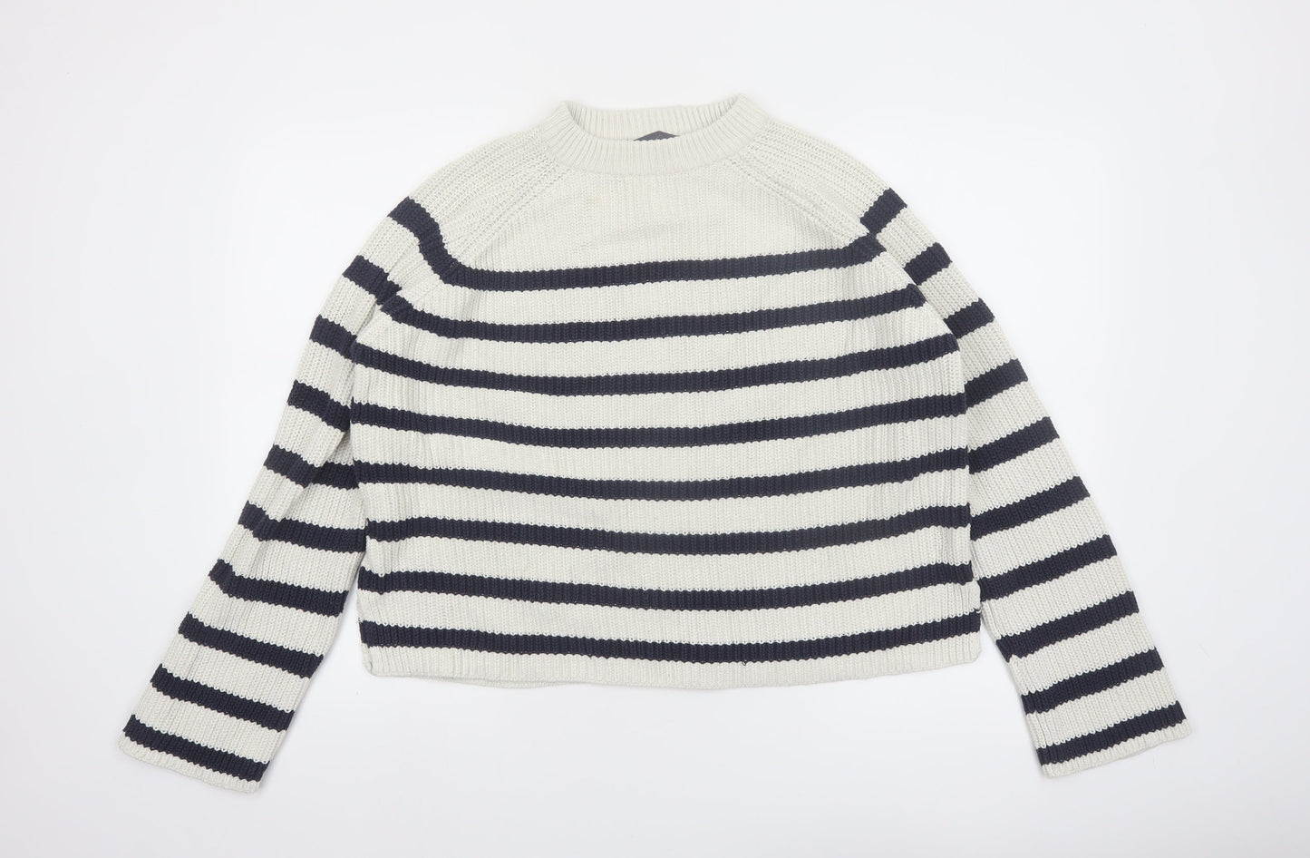 Marks and Spencer Women’s White Navy Striped Mock Neck Cotton Jumper M