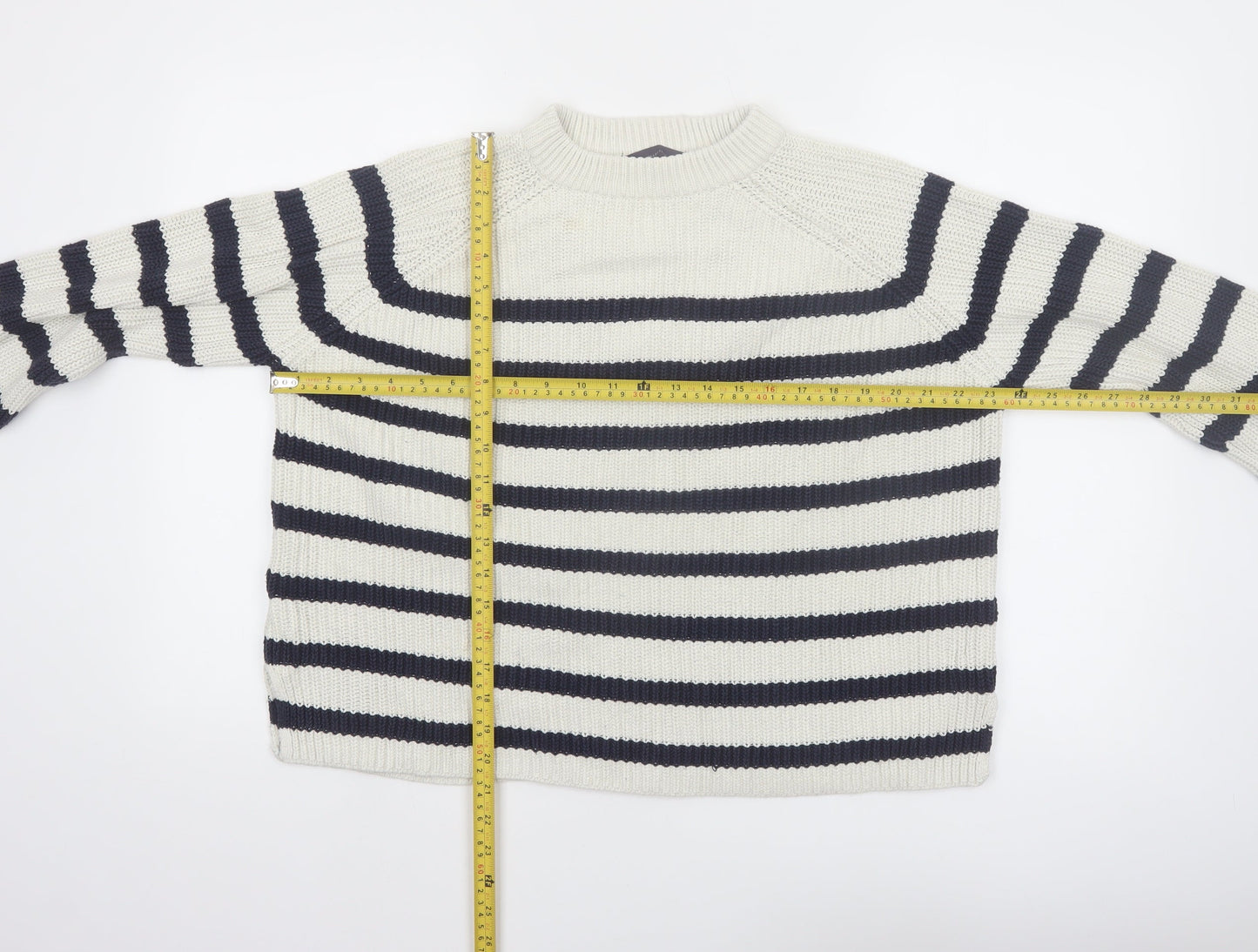 Marks and Spencer Women’s White Navy Striped Mock Neck Cotton Jumper M