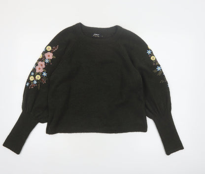 ONLY Women's Black Embroidered Floral Balloon Sleeve Jumper Size M