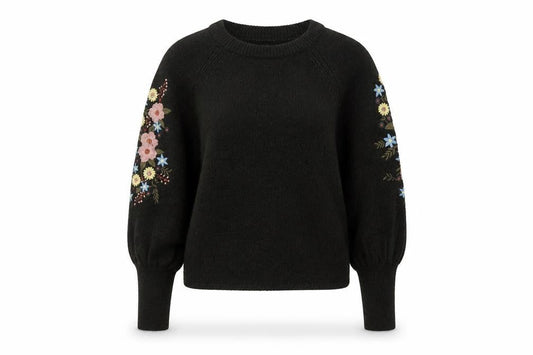 ONLY Women's Black Embroidered Floral Balloon Sleeve Jumper Size M