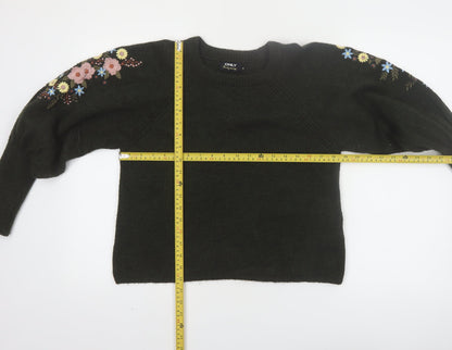 ONLY Women's Black Embroidered Floral Balloon Sleeve Jumper Size M