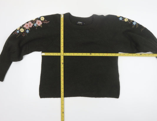 ONLY Women's Black Embroidered Floral Balloon Sleeve Jumper Size M
