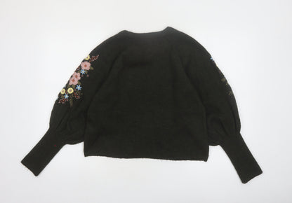 ONLY Women's Black Embroidered Floral Balloon Sleeve Jumper Size M