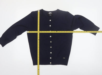 DKNY Women Blue Crew Neck Button Cardigan L Lightweight Knit