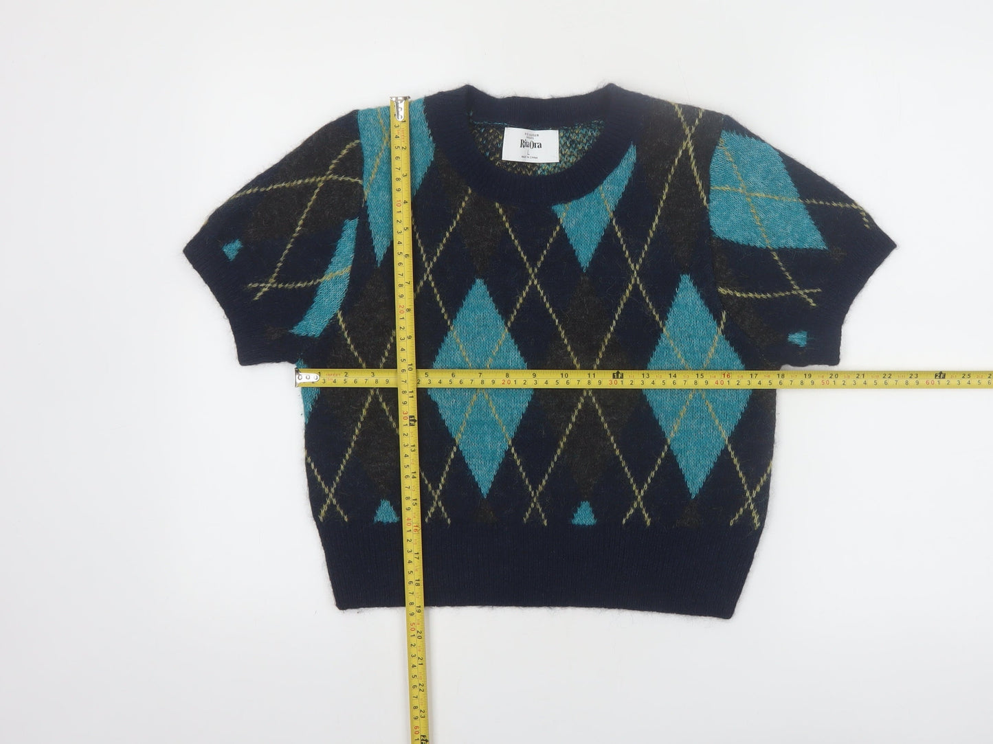 Primark Rita Ora Women's Blue Argyle Short Sleeve Jumper L Knit
