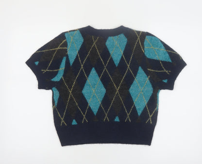 Primark Rita Ora Women's Blue Argyle Short Sleeve Jumper L Knit