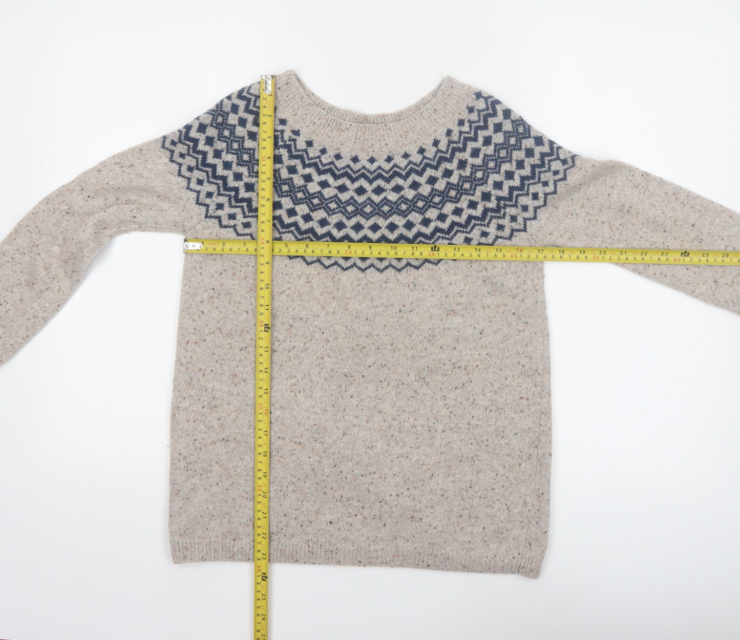 Seasalt Cornwall Womens Beige Wool Jumper UK 8 Crew Neck Geometric Knit