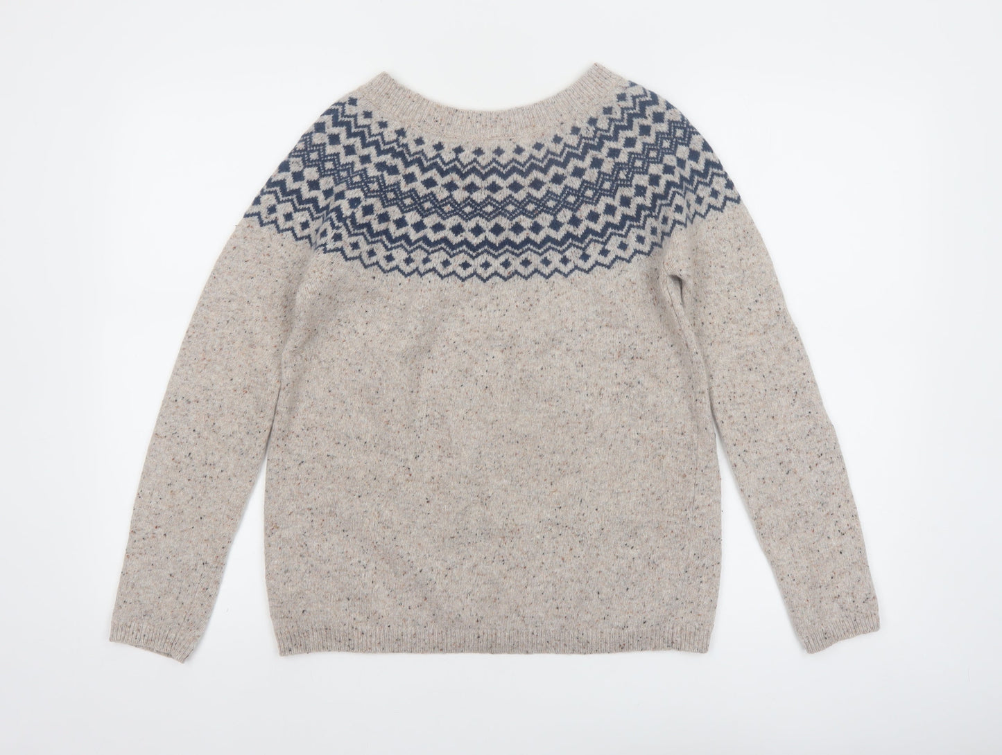 Seasalt Cornwall Womens Beige Wool Jumper UK 8 Crew Neck Geometric Knit