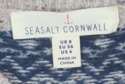 Seasalt Cornwall Womens Beige Wool Jumper UK 8 Crew Neck Geometric Knit