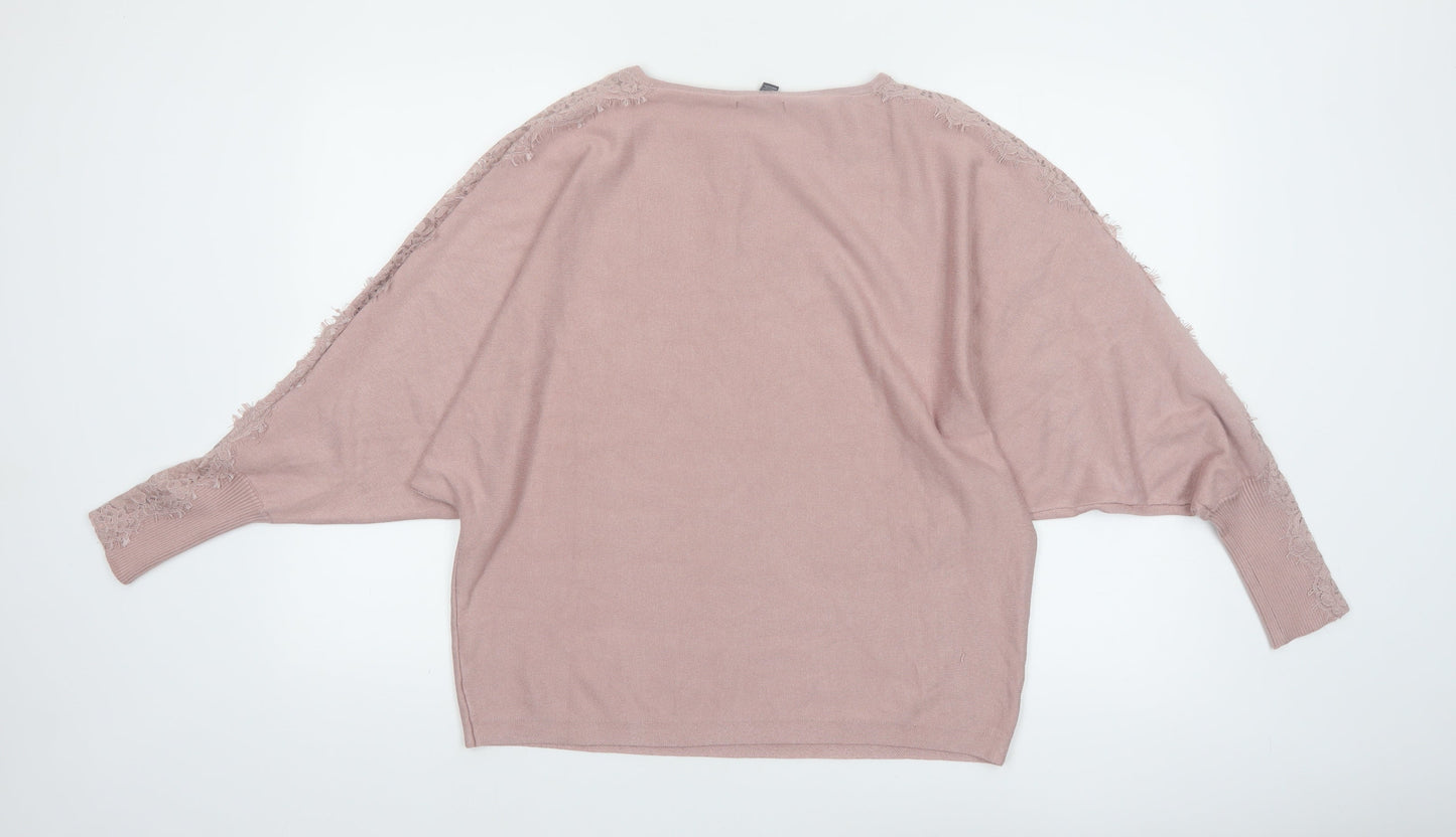 Cable & Gauge Women’s Pink Lace Trim Dolman Pullover Jumper Size L