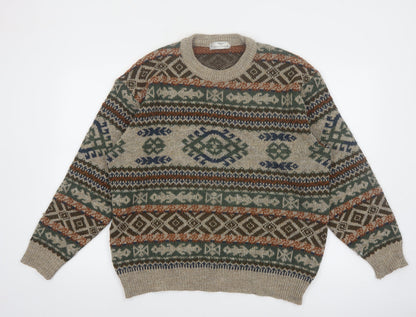 Marks and Spencer Men’s Beige Fair Isle Knit Jumper L Wool Retro Pullover