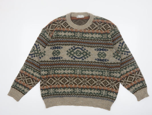 Marks and Spencer Men’s Beige Fair Isle Knit Jumper L Wool Retro Pullover
