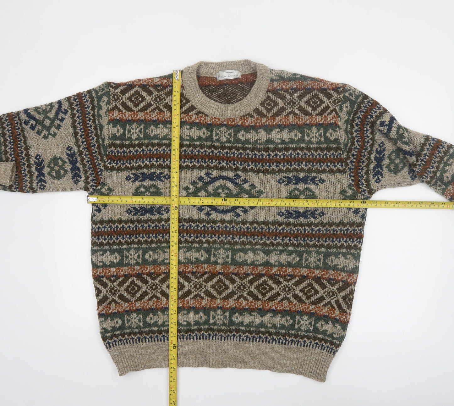 Marks and Spencer Men’s Beige Fair Isle Knit Jumper L Wool Retro Pullover