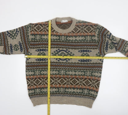 Marks and Spencer Men’s Beige Fair Isle Knit Jumper L Wool Retro Pullover
