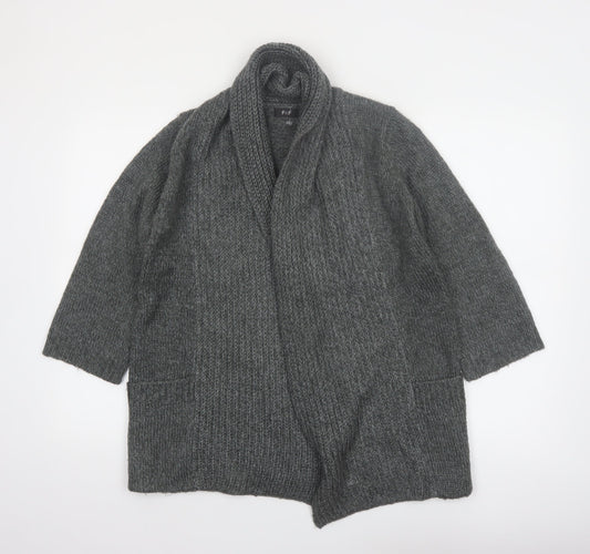F&F Women's Grey Acrylic Knit Cardigan Size 12 Open Front Long Sleeve