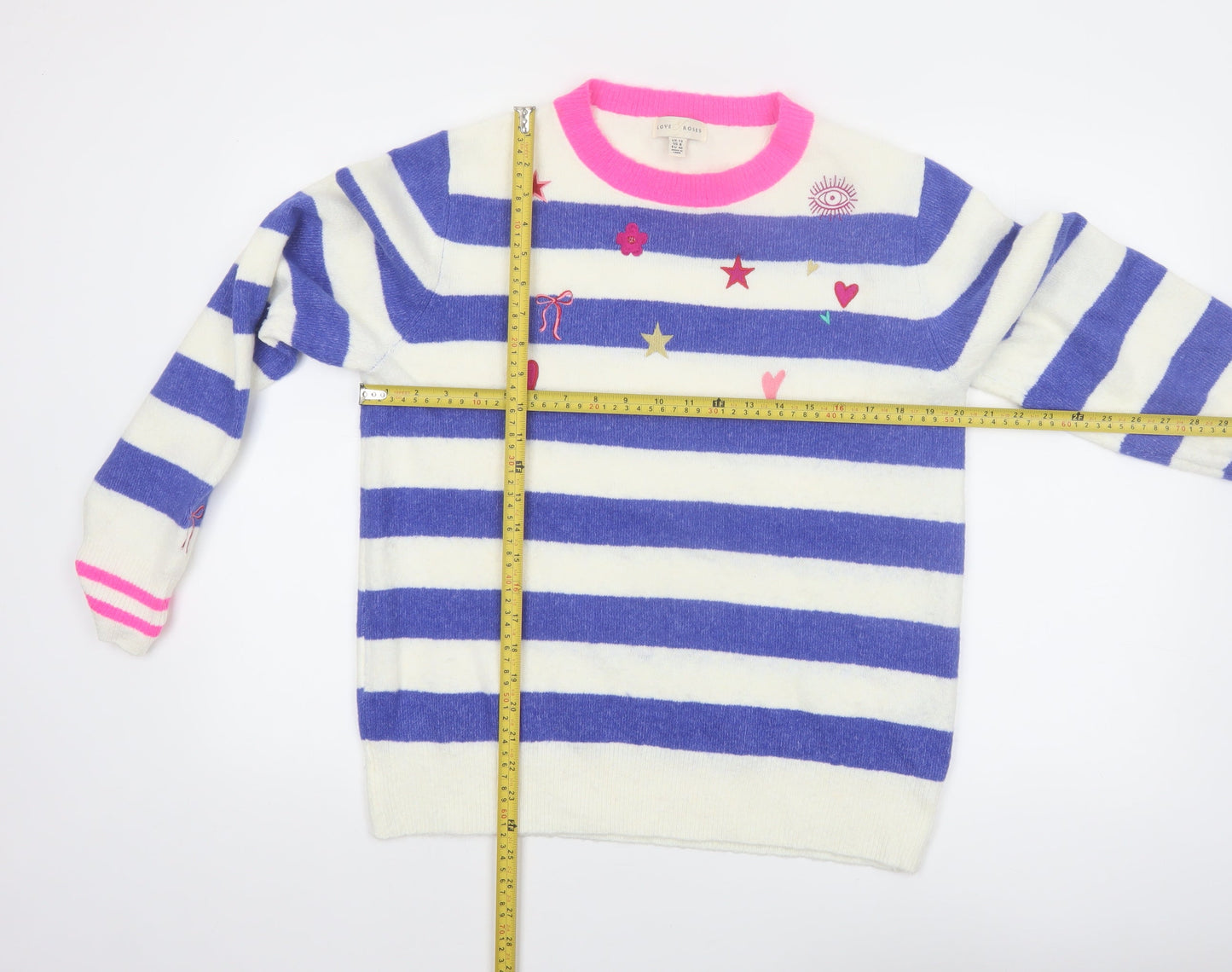 Love & Roses Women Blue Striped Embroidered Pullover Jumper Size 12